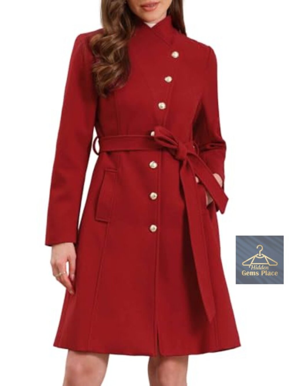 Women's Long Pea Coat Stand Collar Belted Winter Trench Wool Blend